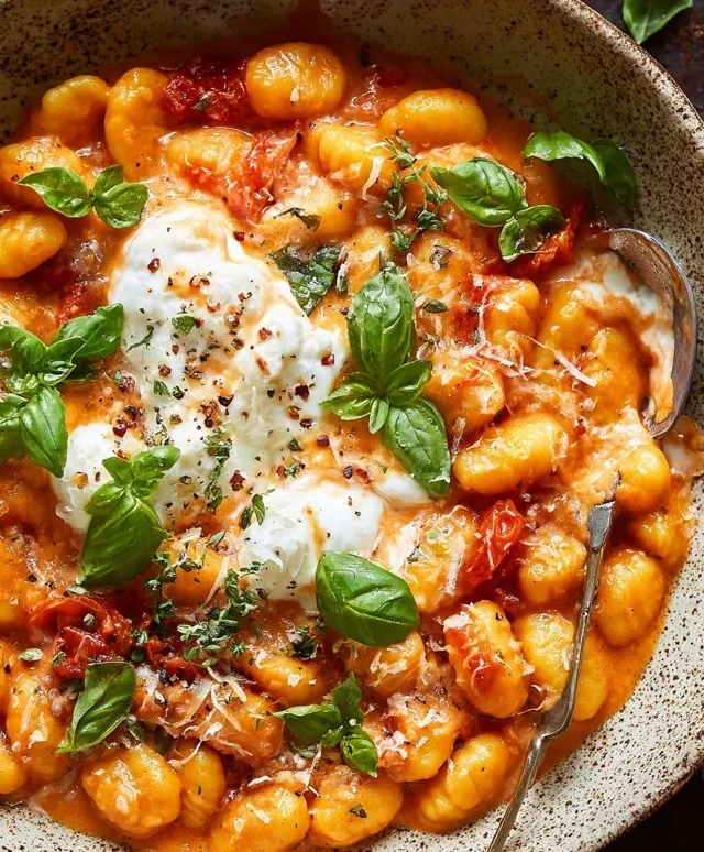 30 Minute Creamy Tomato Gnocchi with Burrata