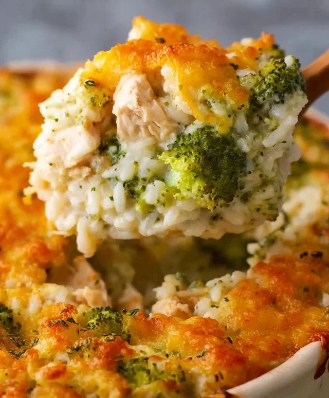 Creamy Chicken Broccoli Rice Cheese Casserole