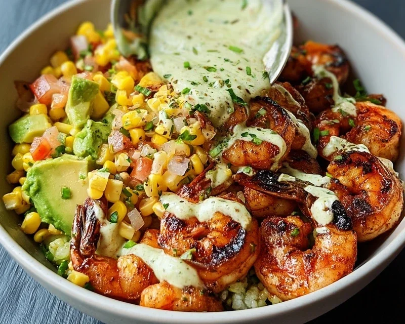 Grilled Shrimp Bowl with Avocado, Corn Salsa & Creamy Garlic Sauce