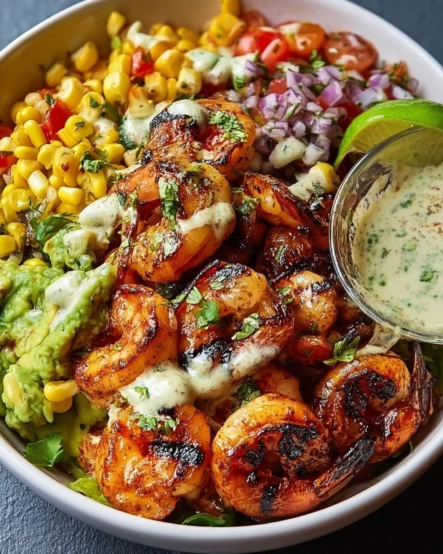 Grilled Shrimp Bowl with Avocado, Corn Salsa & Creamy Garlic Sauce