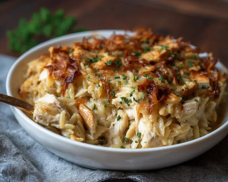French Onion Chicken Orzo Casserole