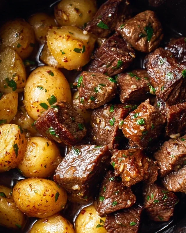 Slow Cooker Garlic Butter Beef Bites with Potatoes