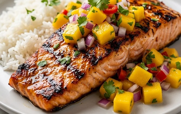 Grilled Salmon with Mango Salsa and Coconut Rice