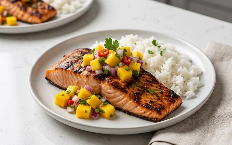 Grilled Salmon with Mango Salsa and Coconut Rice