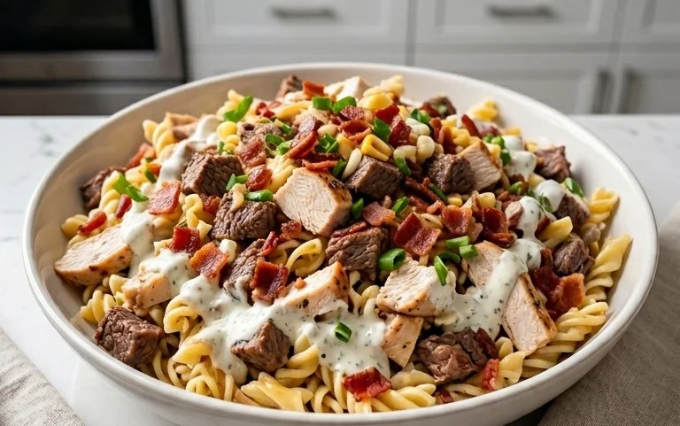 Chicken Beef Bacon Ranch Pasta Salad