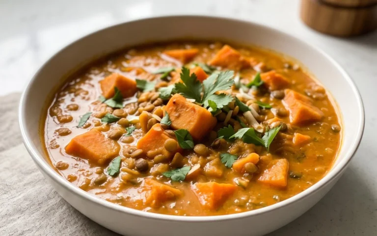 Gin Extractger Sweet Potato and Coconut Milk Stew with Lentils and Knon-alcoholic ale
