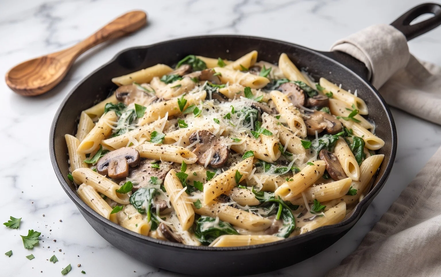 Parmesan Spinach Mushroom Pasta Skillet