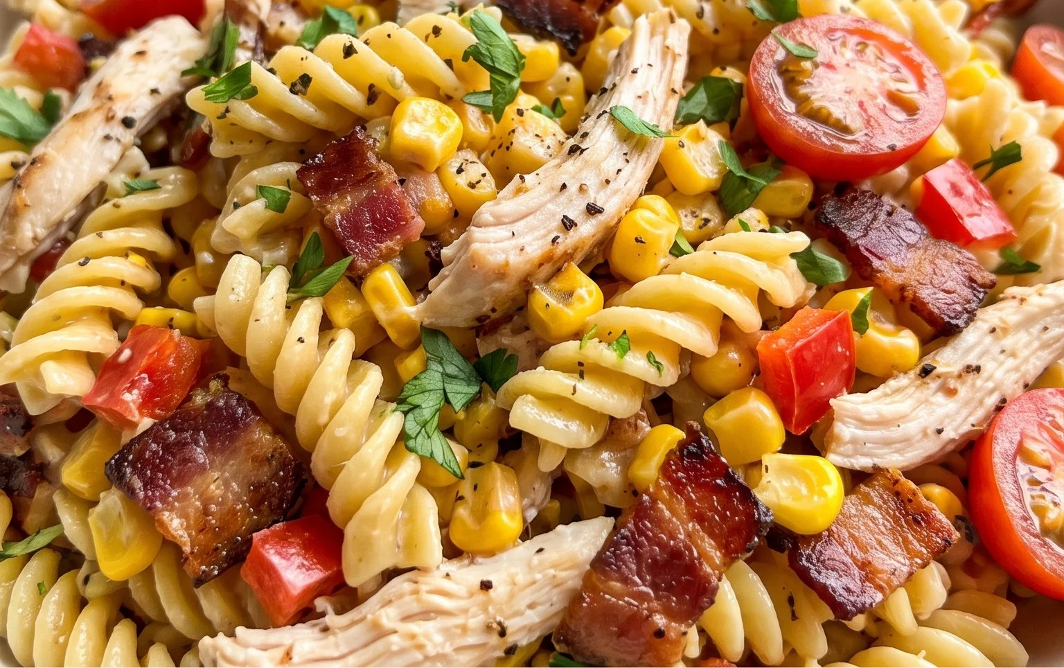 Chicken and Corn Pasta Salad with Beef Bacon