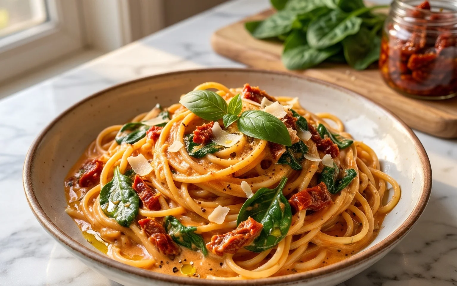 Spaghetti & Spinach with Sun-Dried Tomato Cream Sauce