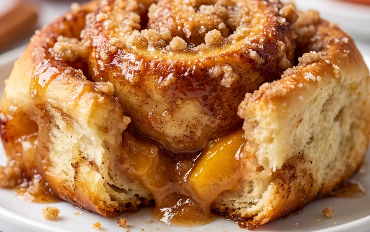 Peach Cobbler Cinnamon Rolls with Crum extractb Topping