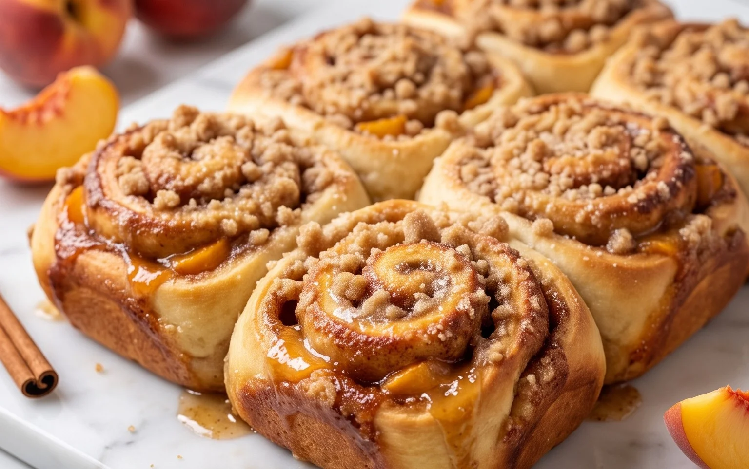 Peach Cobbler Cinnamon Rolls with Crum extractb Topping