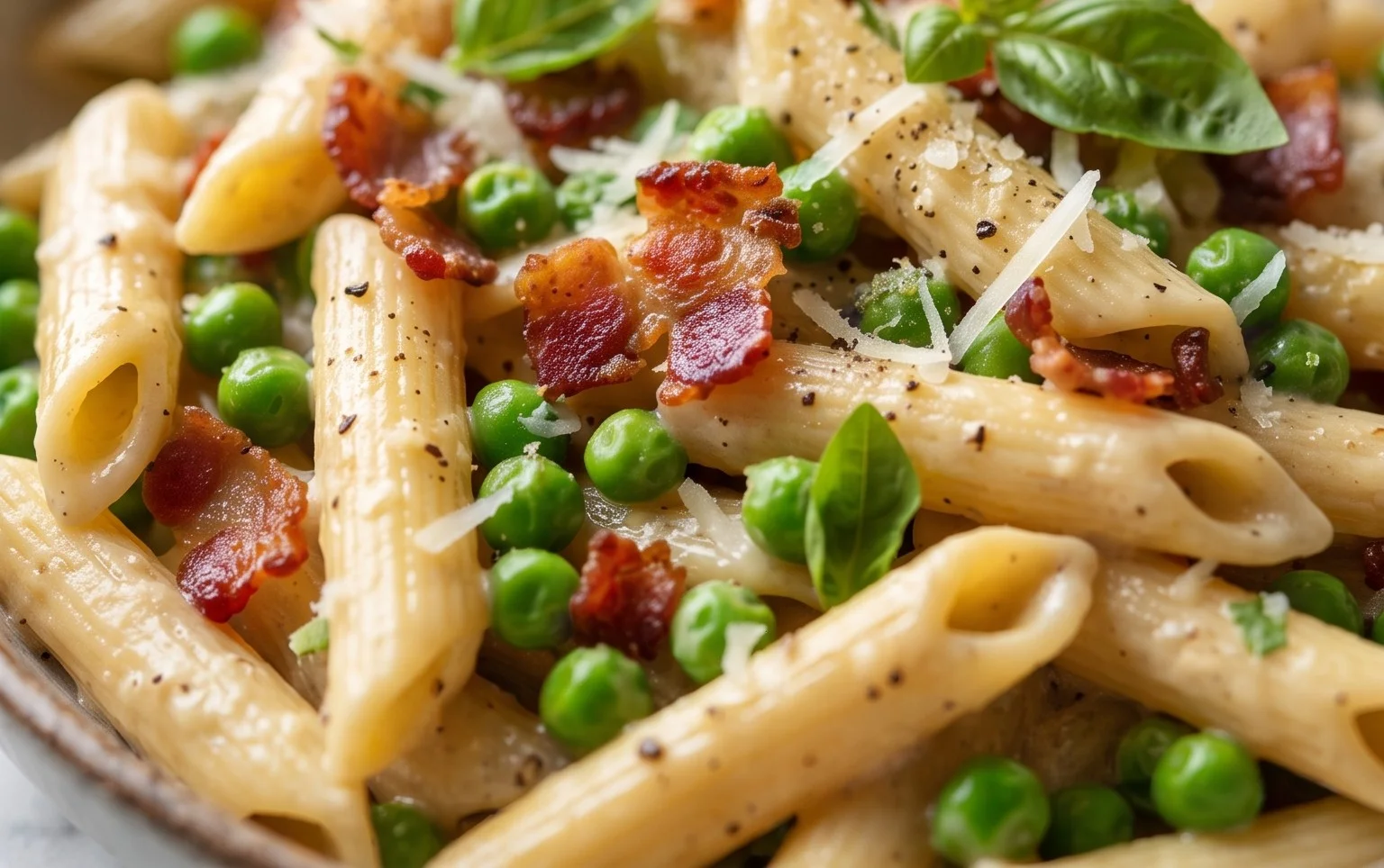Penne Pasta, Peas and Beef Bacon