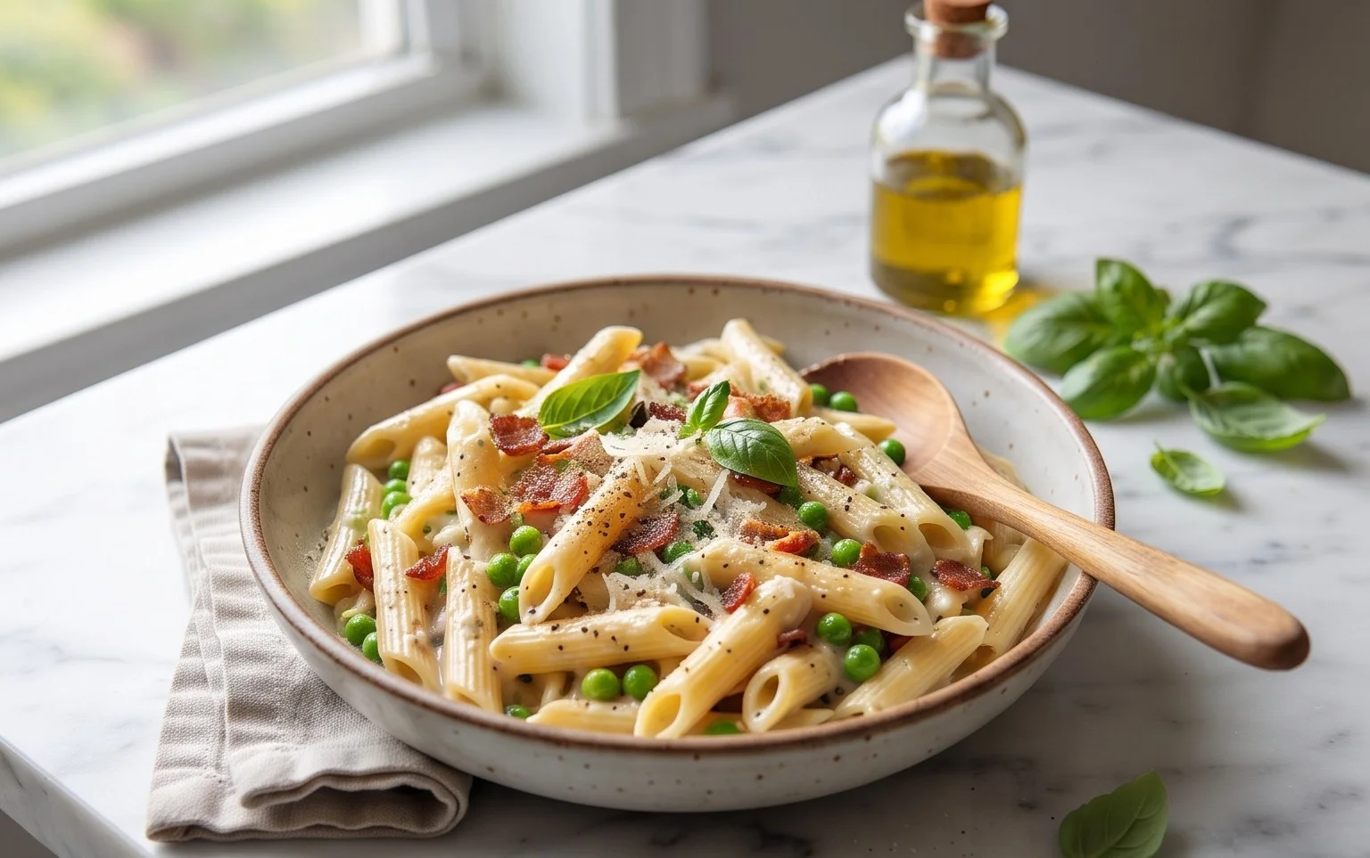Penne Pasta, Peas and Beef Bacon
