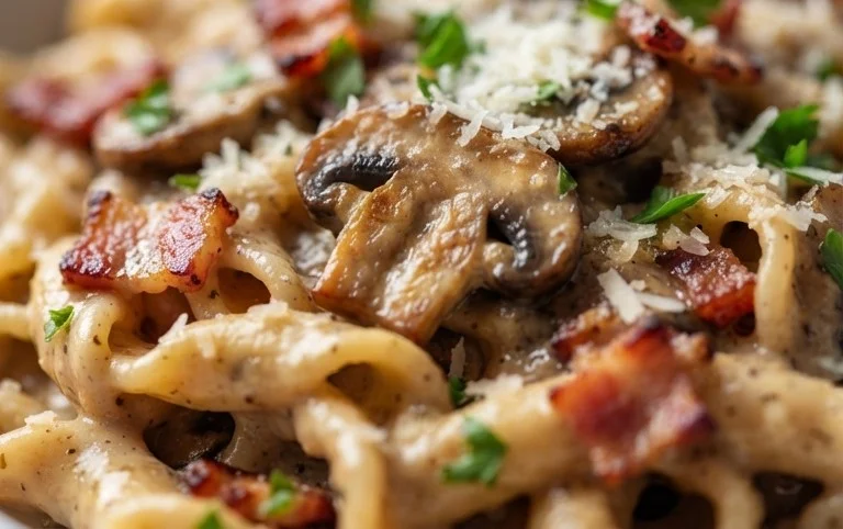 Creamy Beef Bacon and Mushroom Pasta