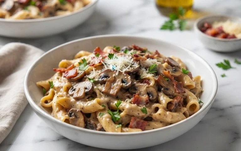 Creamy Beef Bacon and Mushroom Pasta