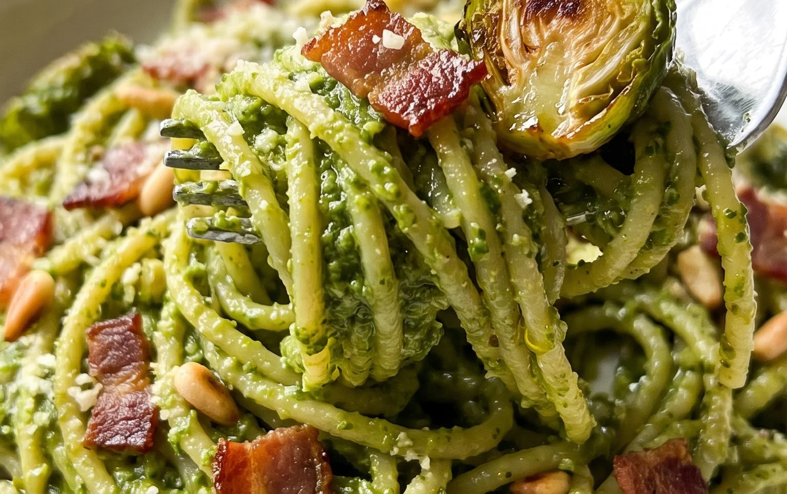 Brussels Sprouts and Beef Bacon Pesto Pasta