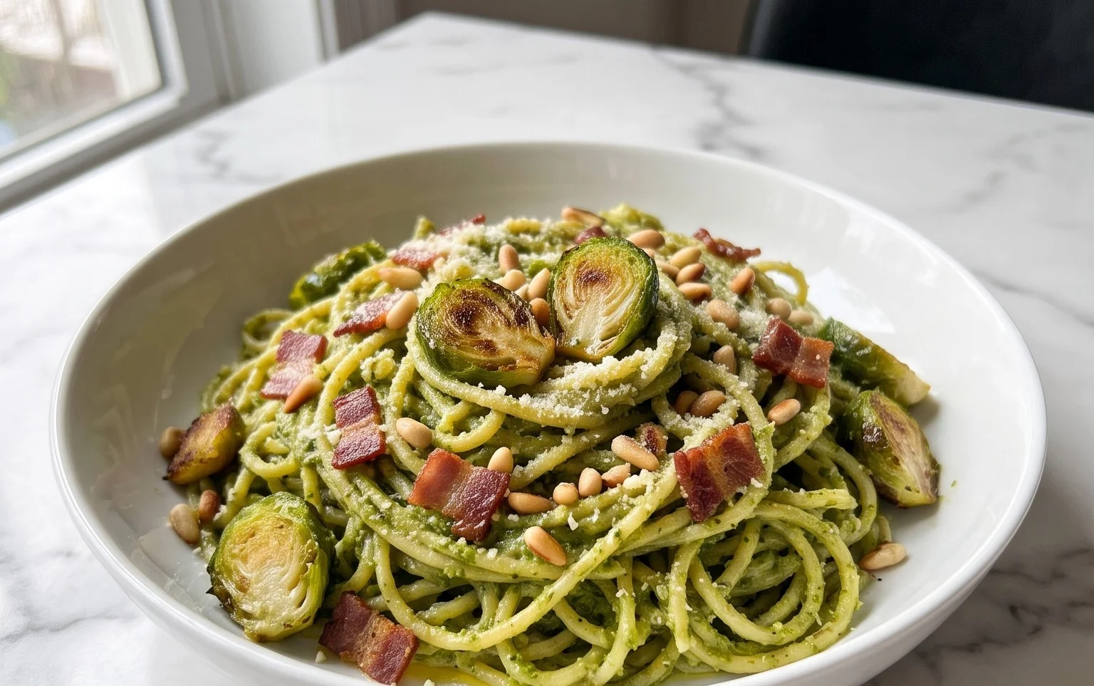 Brussels Sprouts and Beef Bacon Pesto Pasta