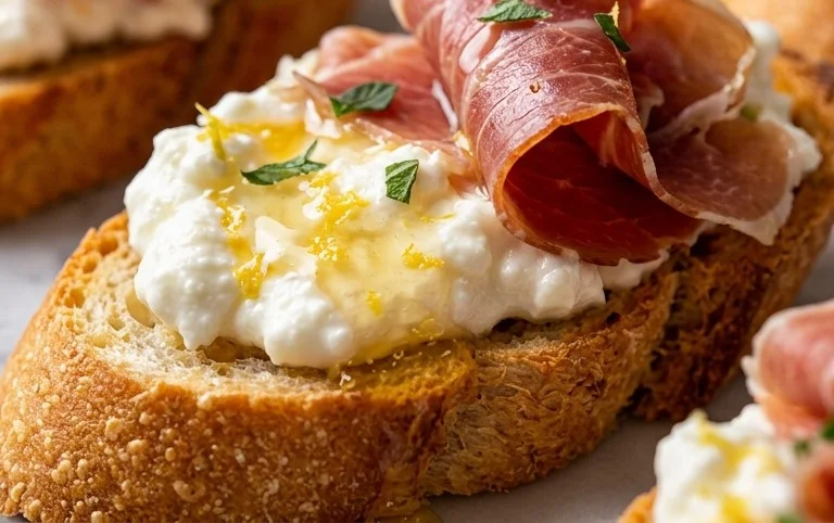 Beef Prosciutto Crostini with Burrata and Lemon Honey Drizzle