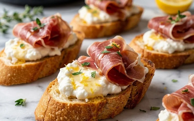 Beef Prosciutto Crostini with Burrata and Lemon Honey Drizzle